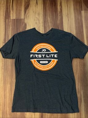 First Lite Dark Charcoal Short-Sleeve Tee with Orange and White Logo